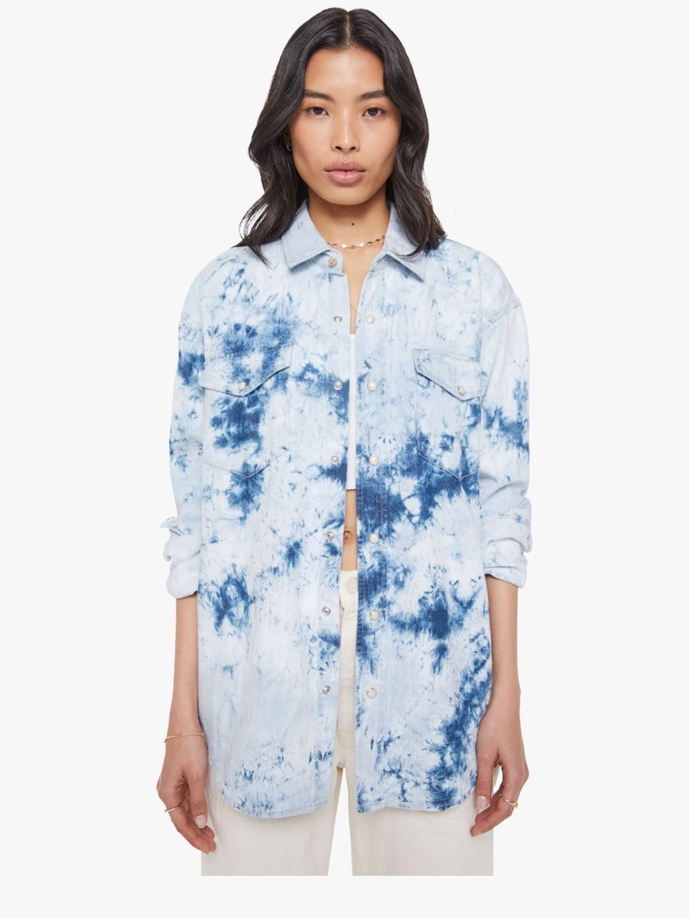 MOTHER Tie-Dye Button-Down Shirt in Light Blue and Navy